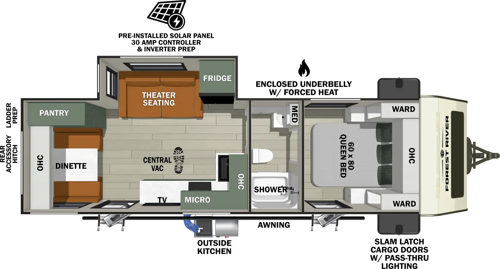 The No Boundaries NB20.7 floorplan has two entries and one slide out. Exterior features include: fiberglass exterior. Interiors features include: front bedroom and pass through bathroom.